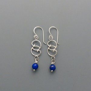 Sterling Silver Swirls with Lapis Beads Dangle Earrings